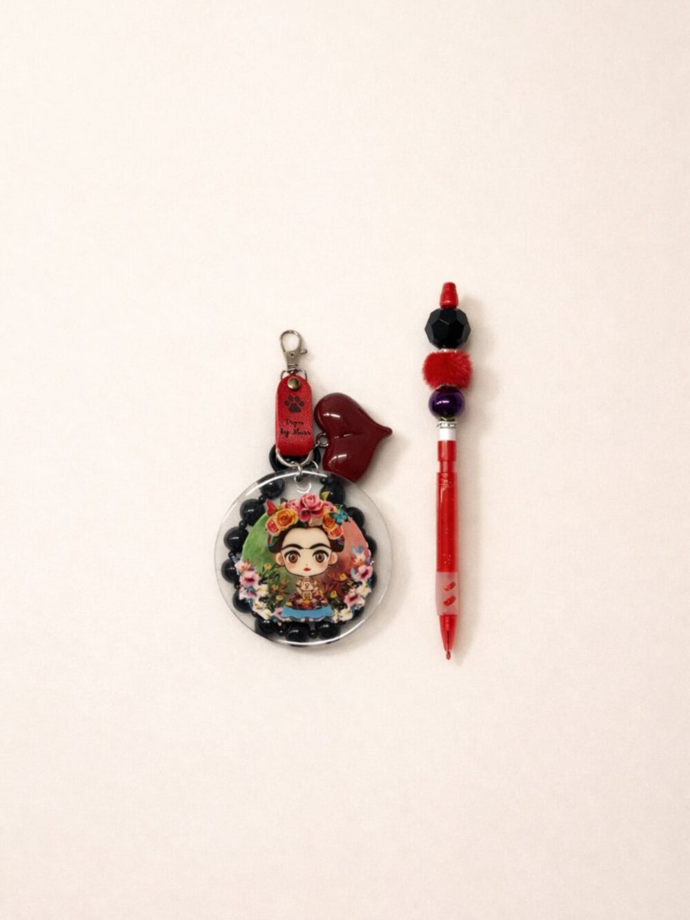 Frida Kahlo Keychain & Red Mechanical Pencil – Artistic Gift Set